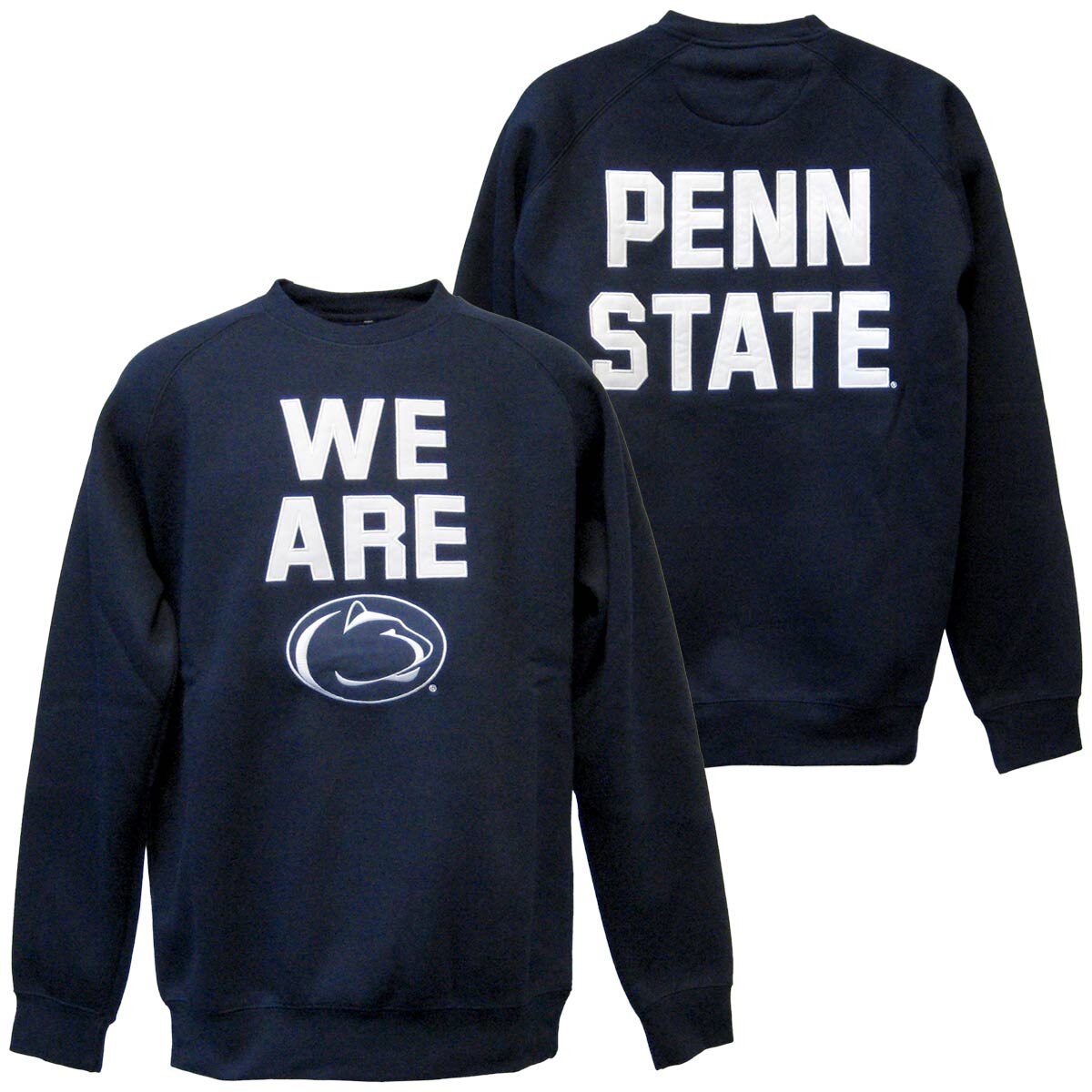 navy crew neck sweatshirt We Are & Athletic Logo on front, Penn State on back